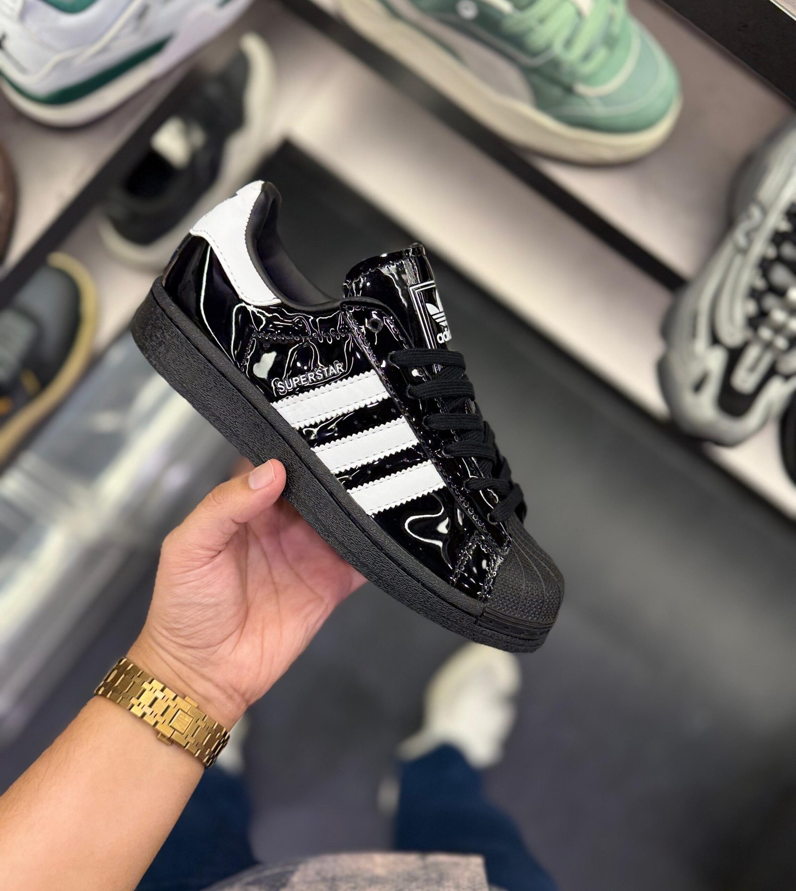 Superstar Atmos Black Patent Sneakers Unisex (1)