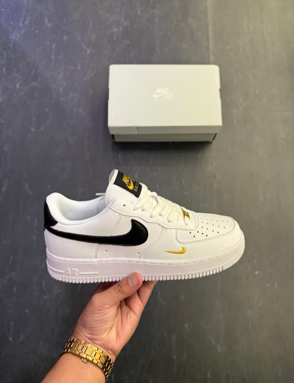 Airforce One White Black Gold Sneakers – Premium Style (1) Airforce One White Black Gold Sneakers – Premium Style (1)