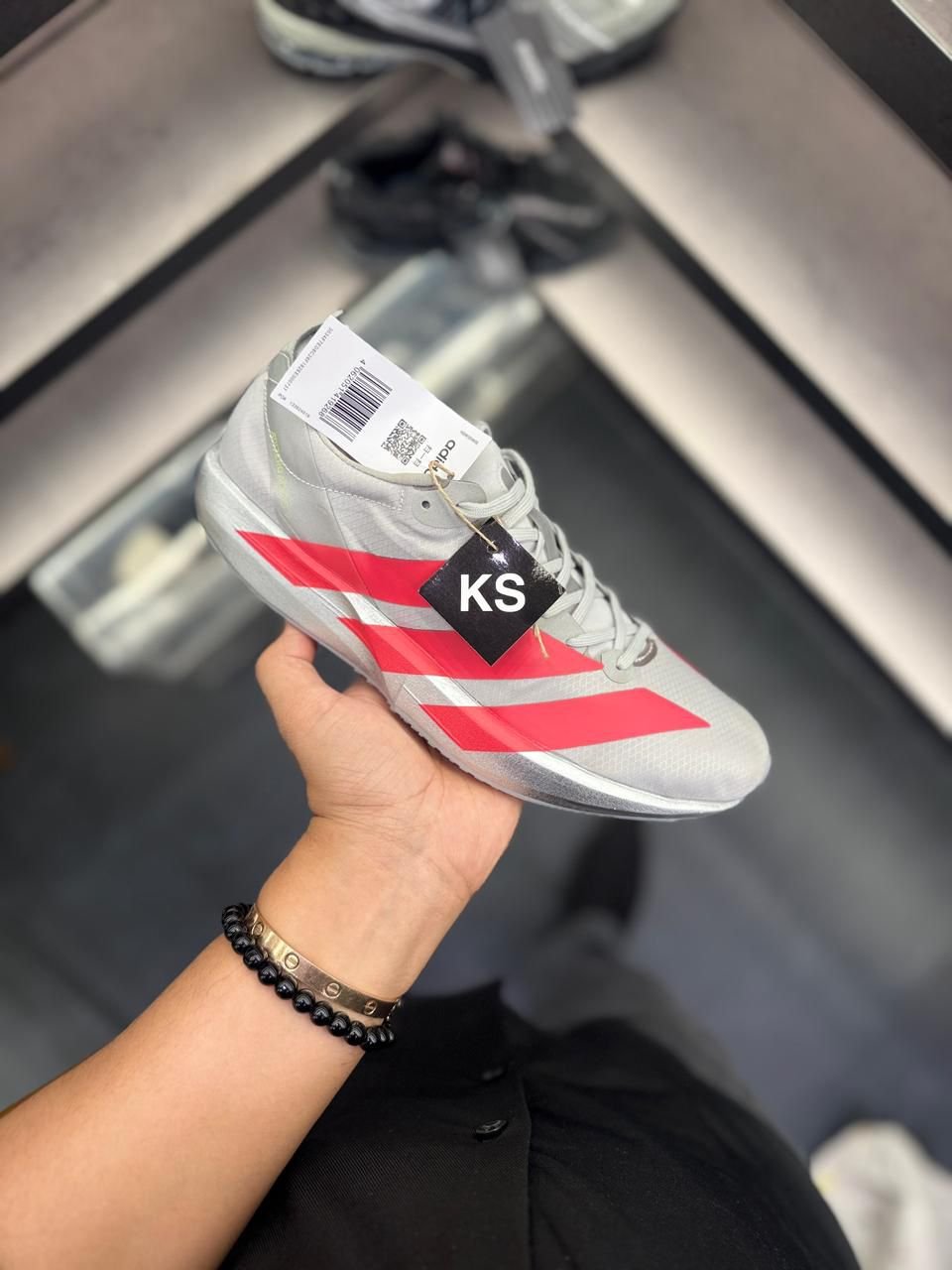 Grey Red Adizero Adios 9 Running Sneakers (1) Grey Red Adizero Adios 9 Running Sneakers – Boys' Performance Shoes