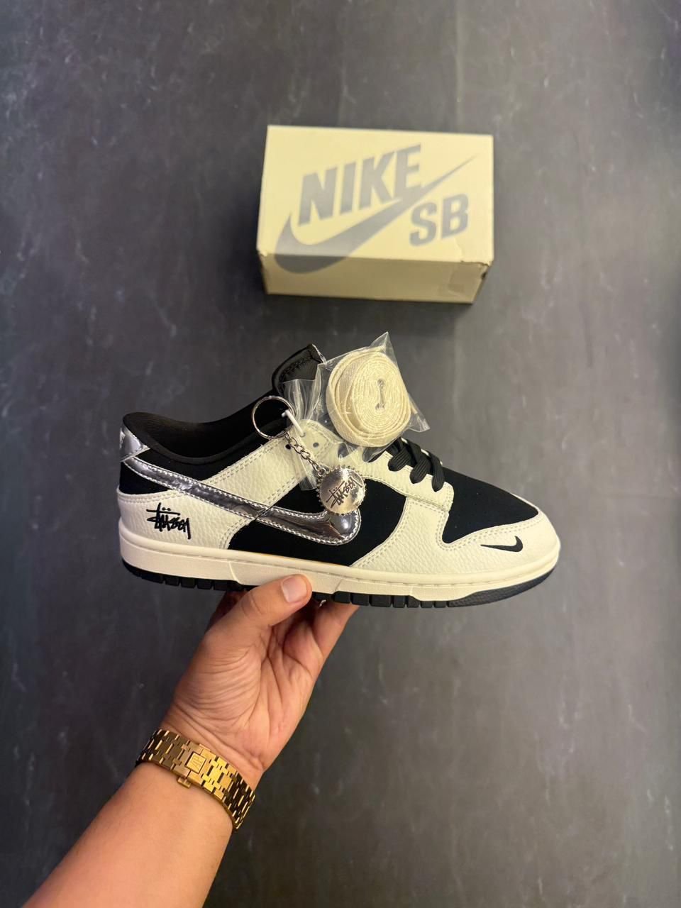 Stussy Black Silver Low-Top SB Dunk Sneakers (1)