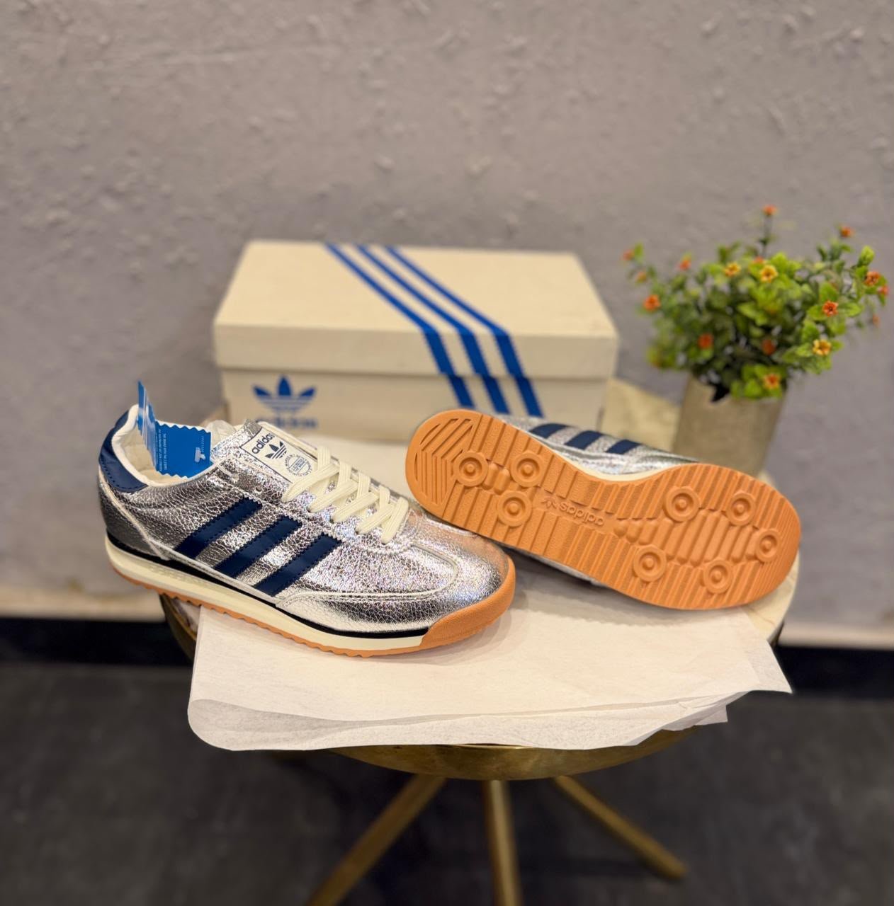 Metallic Silver Heritage Sneakers – Premium Green Accent Edition