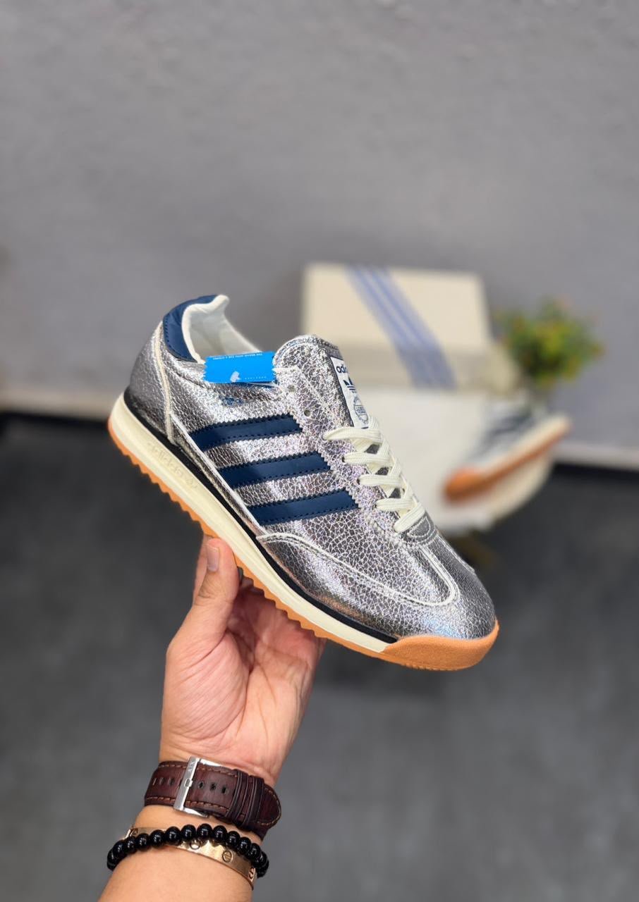 Metallic Silver Heritage Sneakers – Premium Green Accent Edition