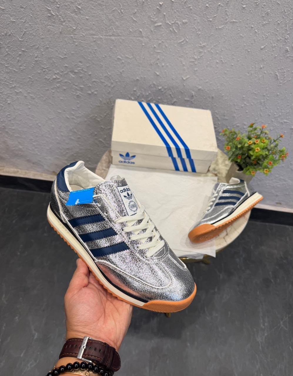 Metallic Silver Heritage Sneakers – Premium Green Accent Edition