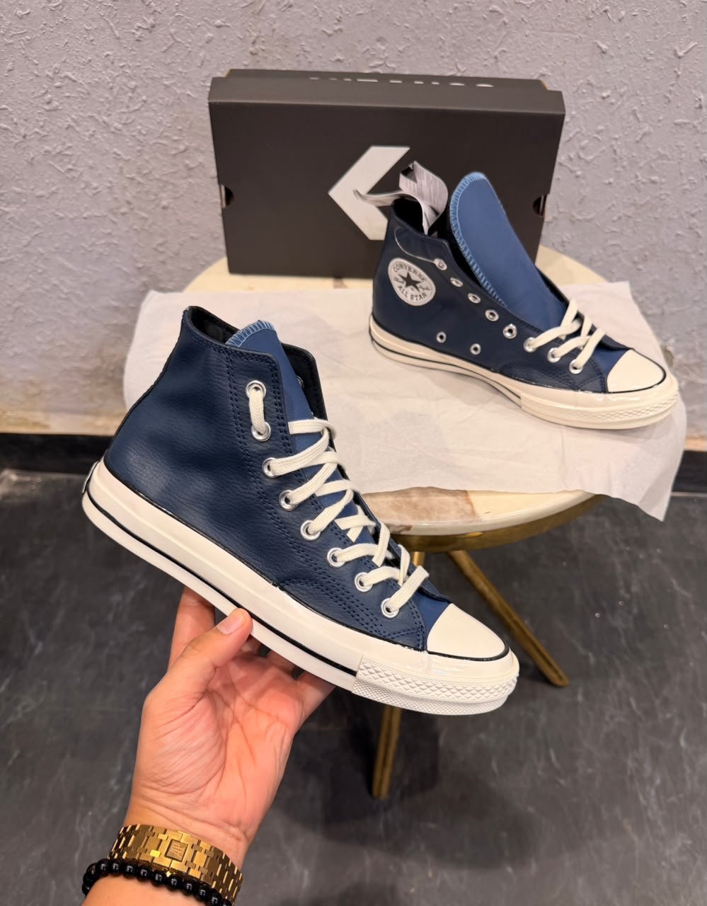 Navy Blue Leather High-Top Sneakers – Vintage Court Style