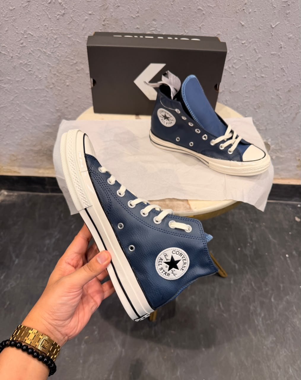 Navy Blue Leather High-Top Sneakers – Vintage Court Style