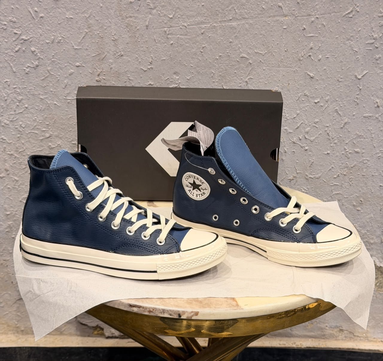 Navy Blue Leather High-Top Sneakers – Vintage Court Style