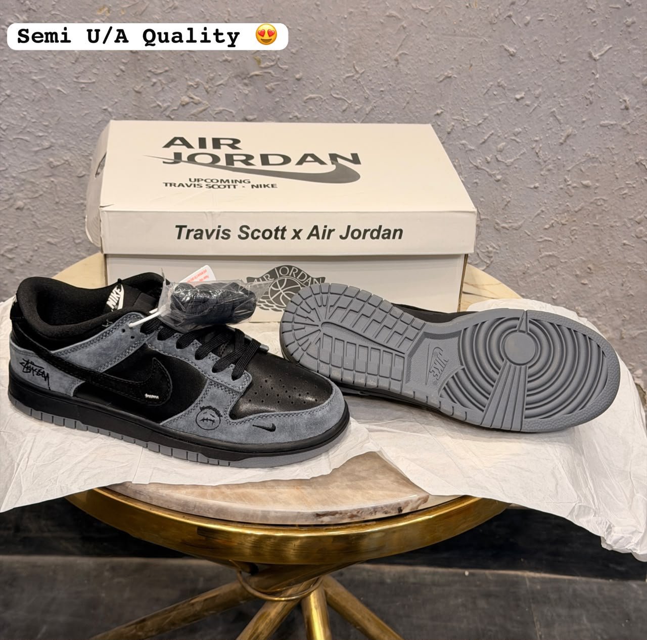 Black Grey Sneakers – Retro Streetwear Edition (3) Black and charcoal grey low-top sneakers with layered panels, a perforated toe, grey outsole, and additional black laces.