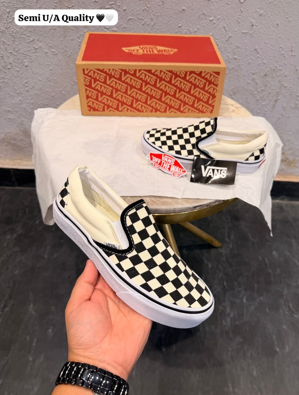 Black and Cream Checkerboard Slip-On Sneakers – Classic Casual Style (3) Black and cream checkerboard slip-on sneakers with a low-top silhouette and white sole