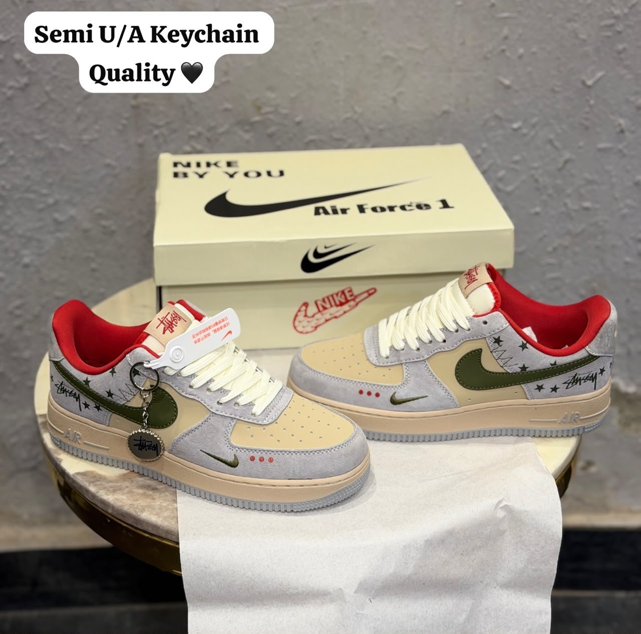 Grey Red Olive Sneakers – Custom Retro Street Style (1) Grey low-top sneakers with olive-green accents, red lining, cream toe panels, decorative star graphics, and a grey circular-patterned outsole