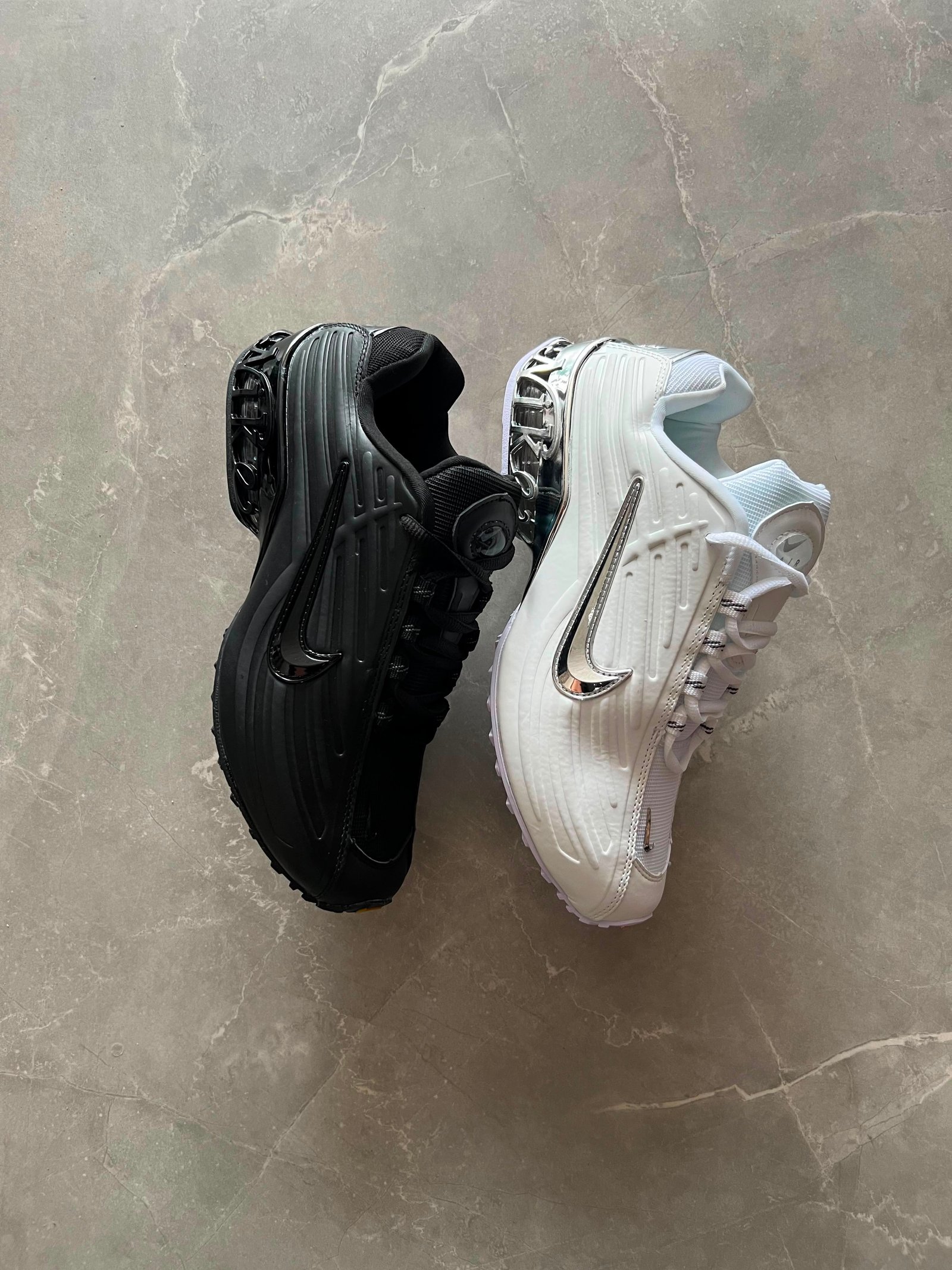 Sculpted Black White Sneakers – Metallic Accent Street Style